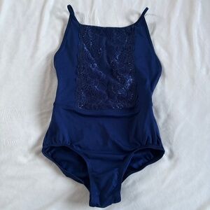 Suffolk Leotard Dance Solid Blue Spaghetti Strap Lace Overlay Mesh Women Size M
